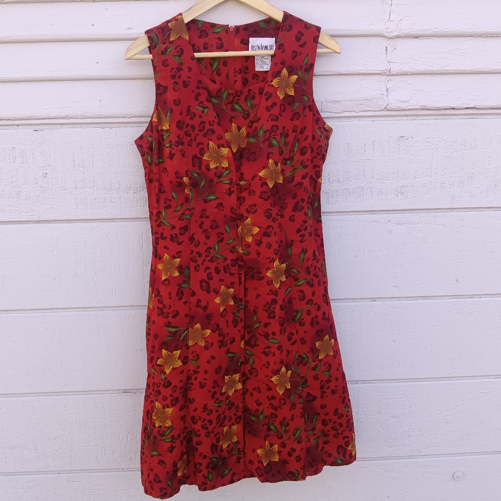 Vintage Red Floral Leopard Print Rayon Button Summer Dress